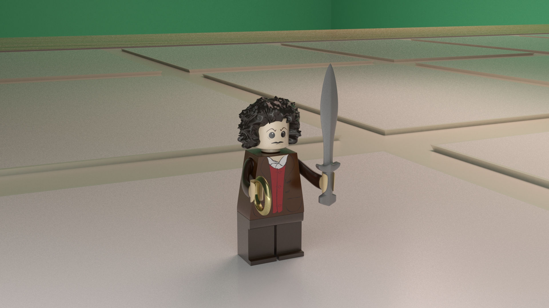 3D model of a Frodo Baggins Lego figure assembled on a table