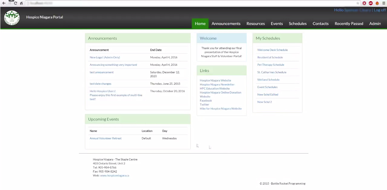 Screen capture from Hospice Niagara Employee and Volunteer Portal